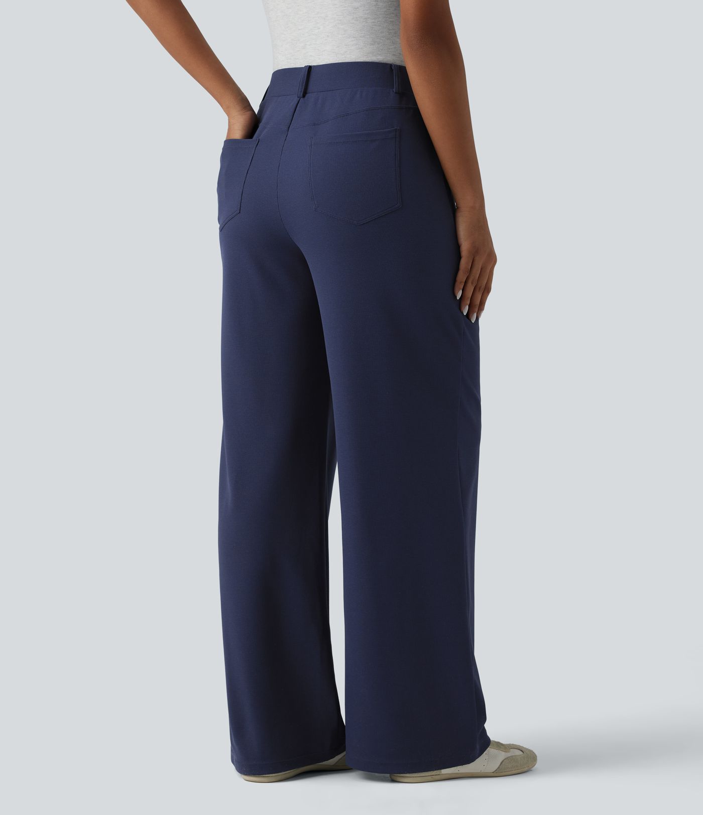 Mid Rise Wide Leg Waffle Casual Pants with Pockets