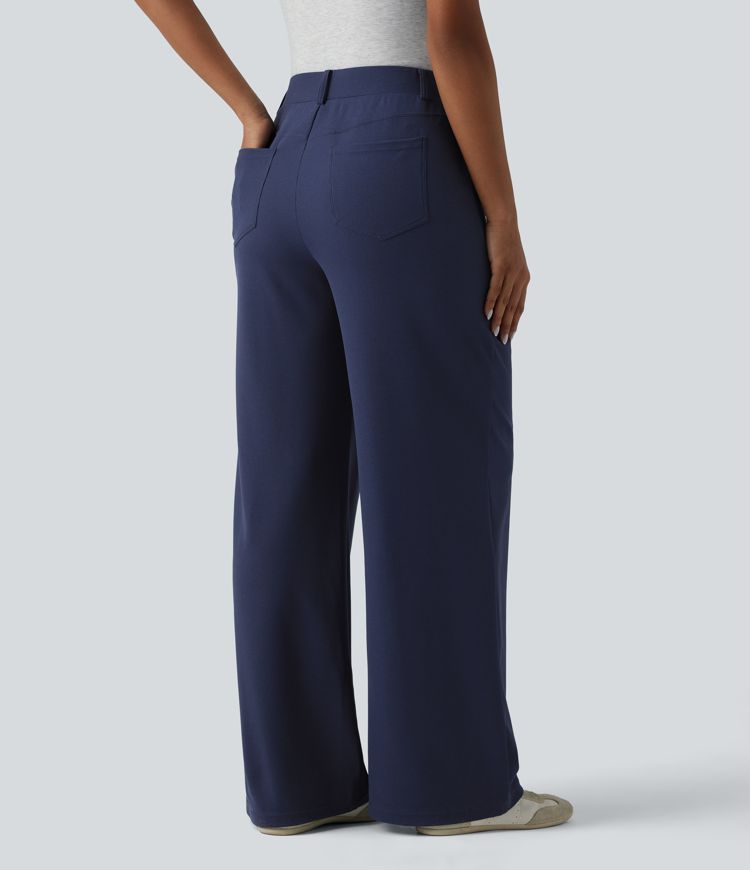 Mid Rise Wide Leg Waffle Casual Pants with Pockets