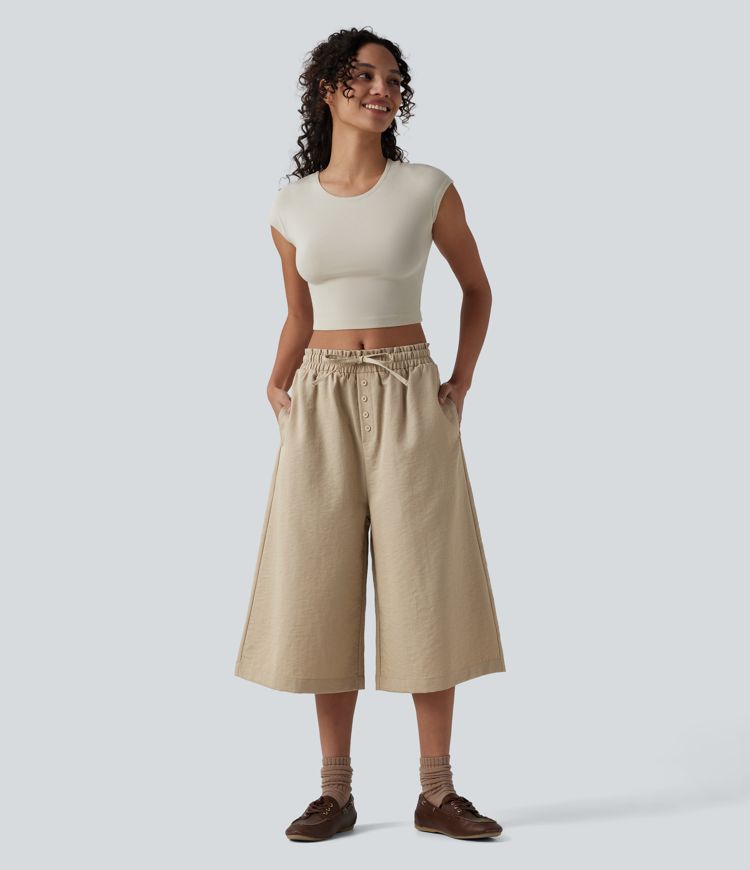 Wrinkle-Resistant Mid Rise Drawstring Frill Trim Linen-Feel Casual Capri Baggy Pants with Pockets