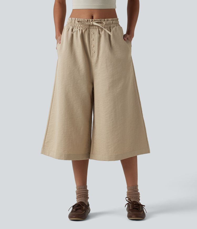 Wrinkle-Resistant Mid Rise Drawstring Frill Trim Linen-Feel Casual Capri Baggy Pants with Pockets