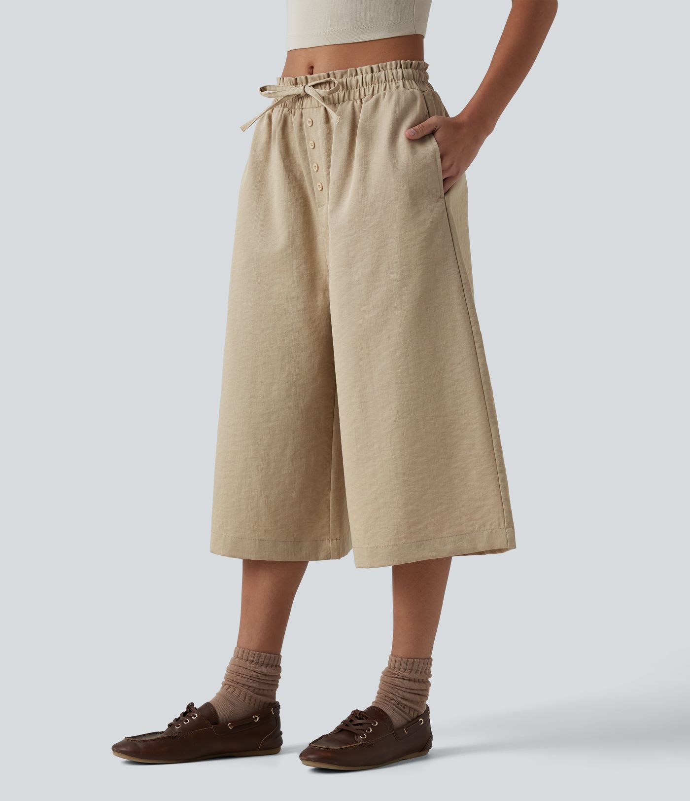 Wrinkle-Resistant Mid Rise Drawstring Frill Trim Linen-Feel Casual Capri Baggy Pants with Pockets
