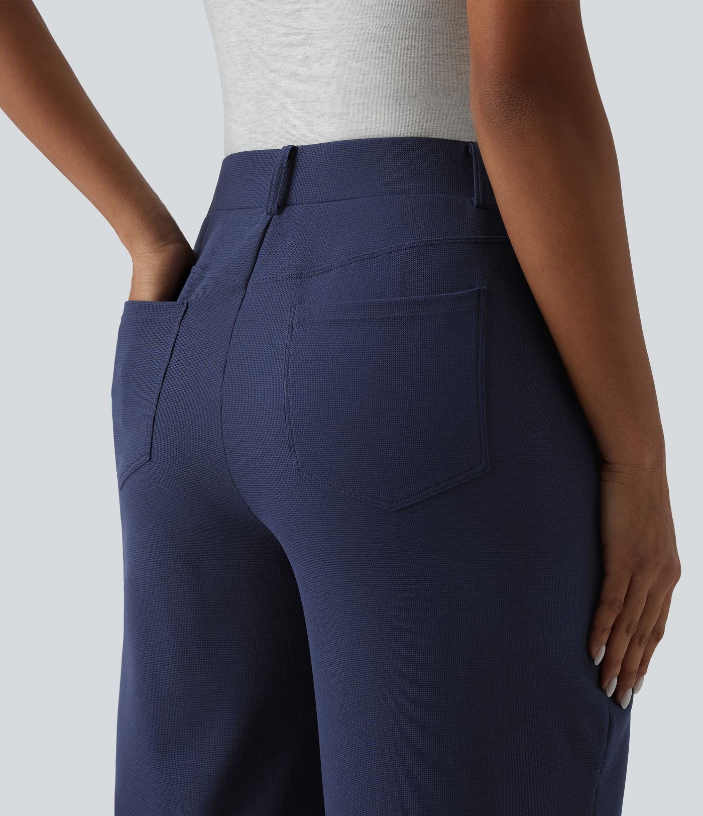 Mid Rise Wide Leg Waffle Casual Pants with Pockets