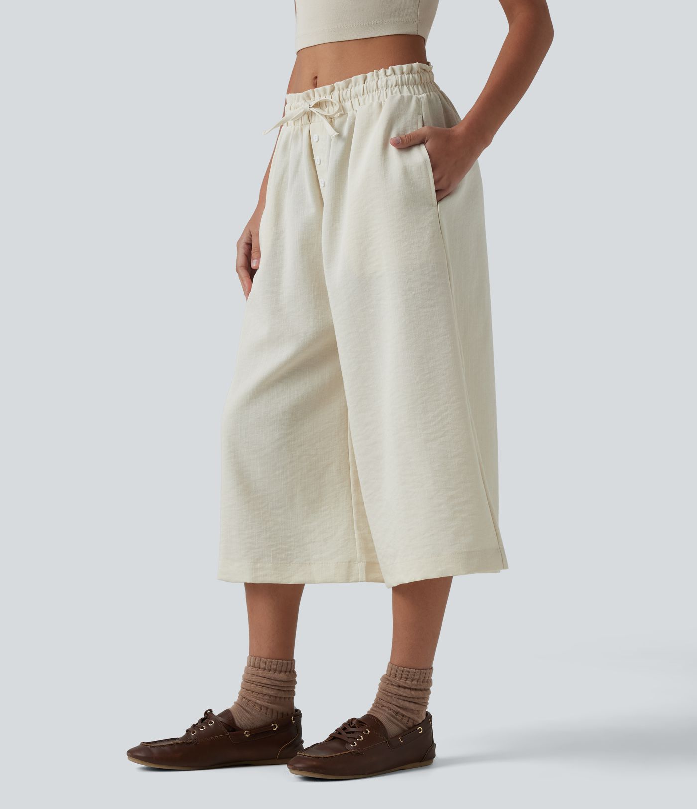 Wrinkle-Resistant Mid Rise Drawstring Frill Trim Linen-Feel Casual Capri Baggy Pants with Pockets