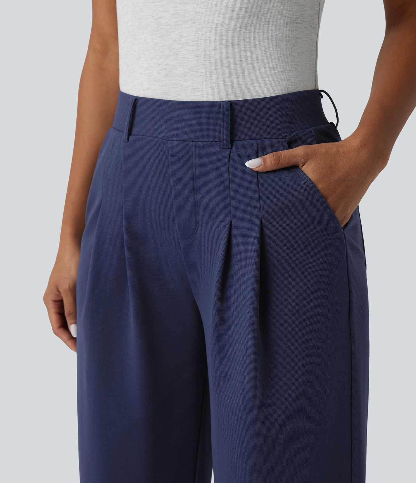 Mid Rise Wide Leg Waffle Casual Pants with Pockets