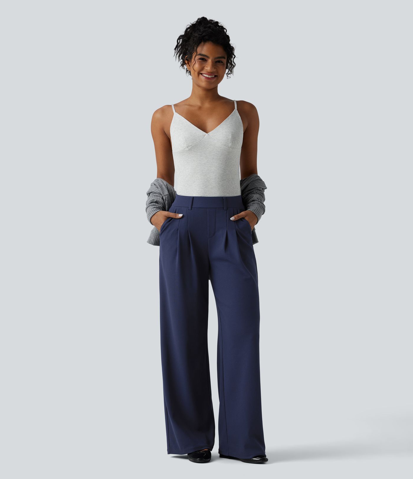 Mid Rise Wide Leg Waffle Casual Pants with Pockets