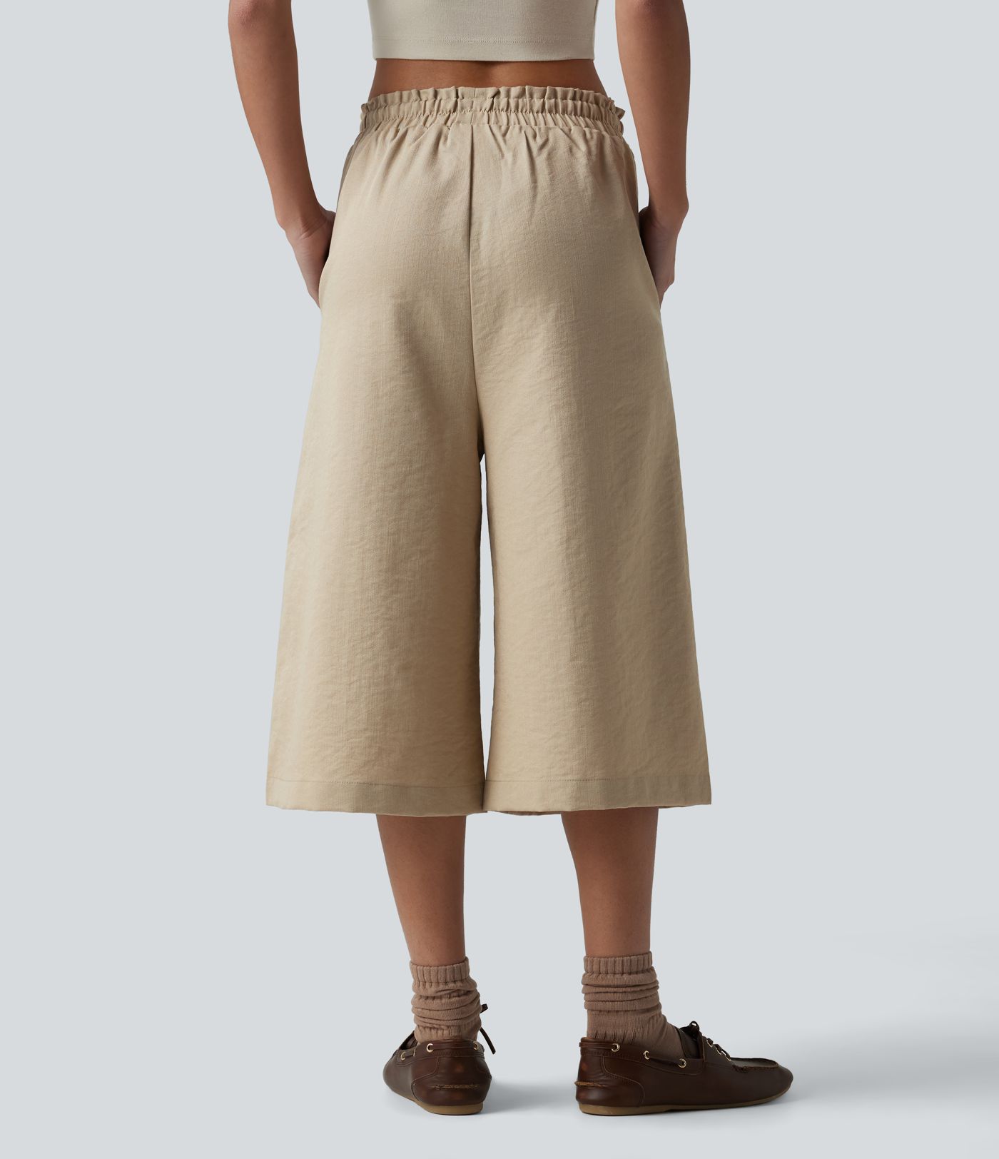 Wrinkle-Resistant Mid Rise Drawstring Frill Trim Linen-Feel Casual Capri Baggy Pants with Pockets