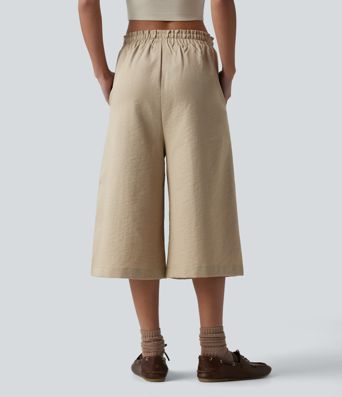 Wrinkle-Resistant Mid Rise Drawstring Frill Trim Linen-Feel Casual Capri Baggy Pants with Pockets
