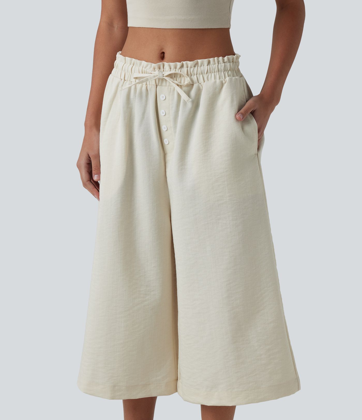 Wrinkle-Resistant Mid Rise Drawstring Frill Trim Linen-Feel Casual Capri Baggy Pants with Pockets
