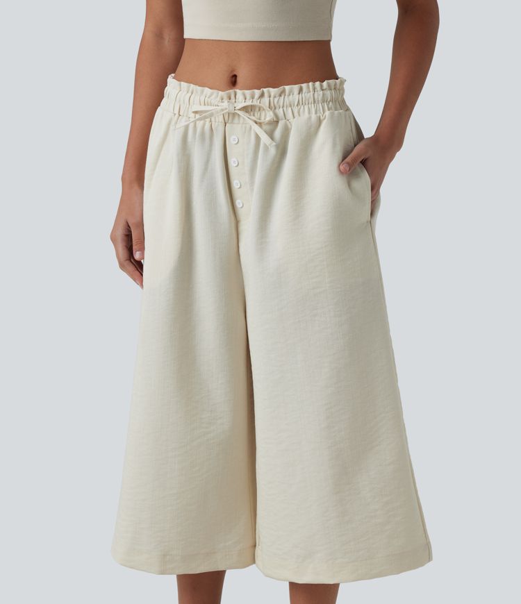 Wrinkle-Resistant Mid Rise Drawstring Frill Trim Linen-Feel Casual Capri Baggy Pants with Pockets