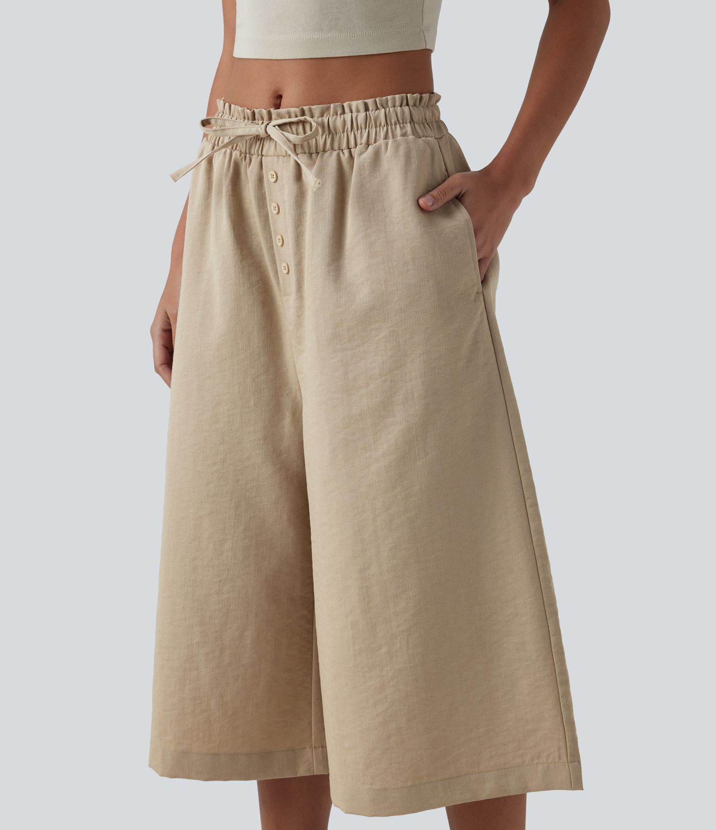 Wrinkle-Resistant Mid Rise Drawstring Frill Trim Linen-Feel Casual Capri Baggy Pants with Pockets