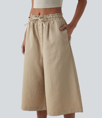 Wrinkle-Resistant Mid Rise Drawstring Frill Trim Linen-Feel Casual Capri Baggy Pants with Pockets