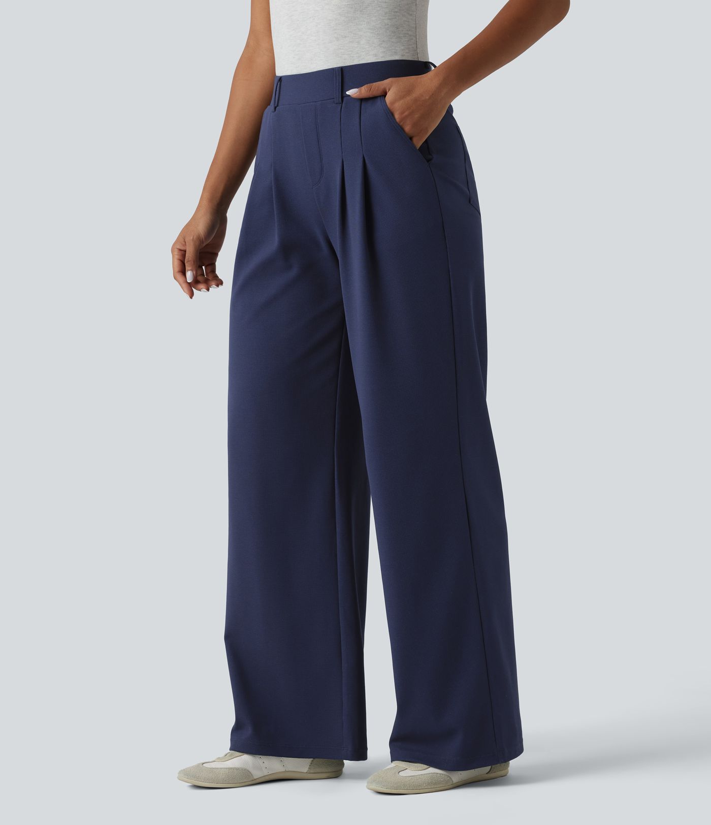 Mid Rise Wide Leg Waffle Casual Pants with Pockets