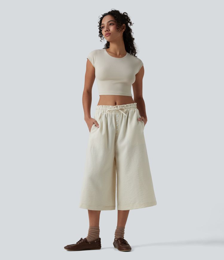 Wrinkle-Resistant Mid Rise Drawstring Frill Trim Linen-Feel Casual Capri Baggy Pants with Pockets