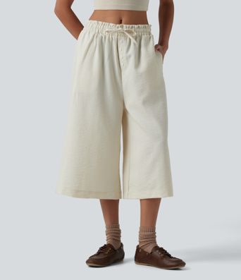 Wrinkle-Resistant Mid Rise Drawstring Frill Trim Linen-Feel Casual Capri Baggy Pants with Pockets