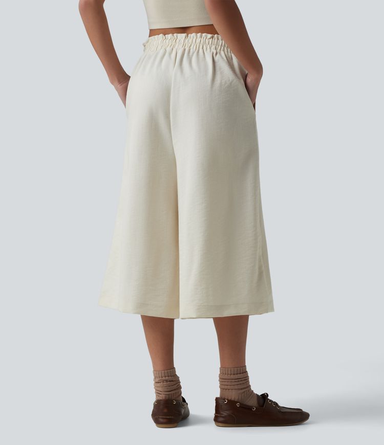 Wrinkle-Resistant Mid Rise Drawstring Frill Trim Linen-Feel Casual Capri Baggy Pants with Pockets
