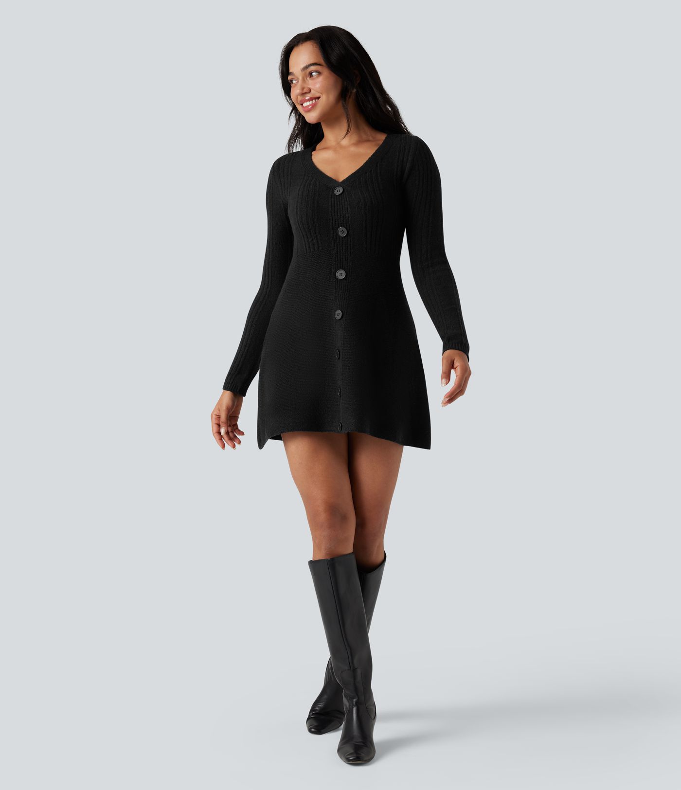 Robe pull courte col V manches longues