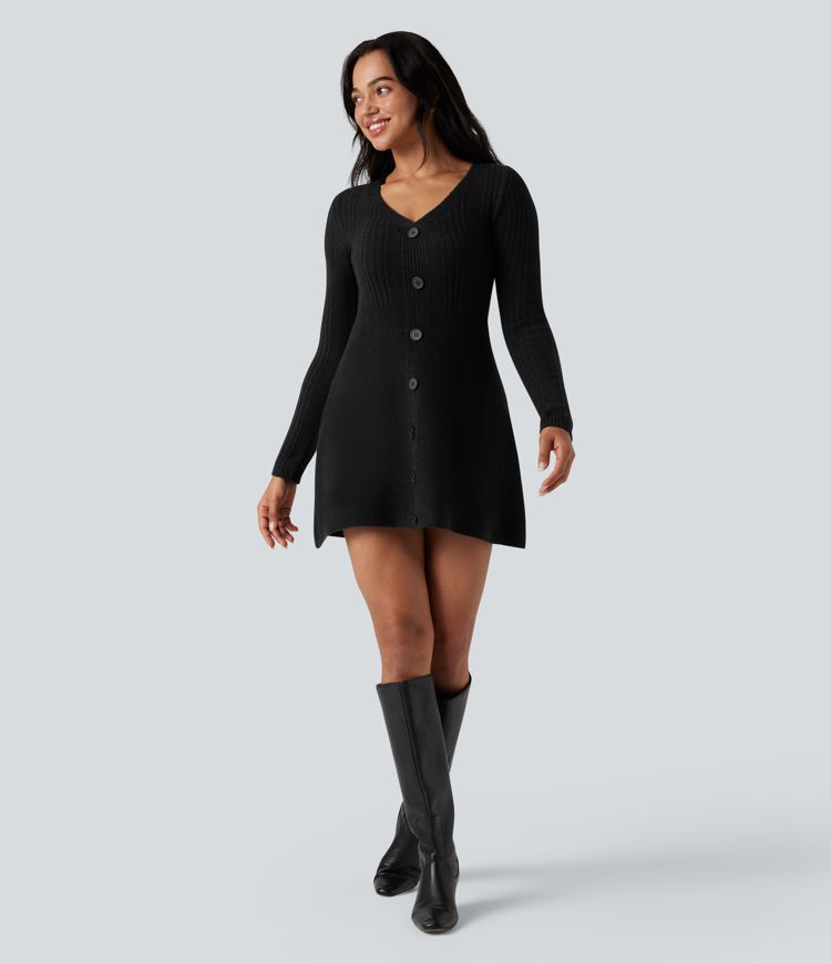 Robe pull courte col V manches longues