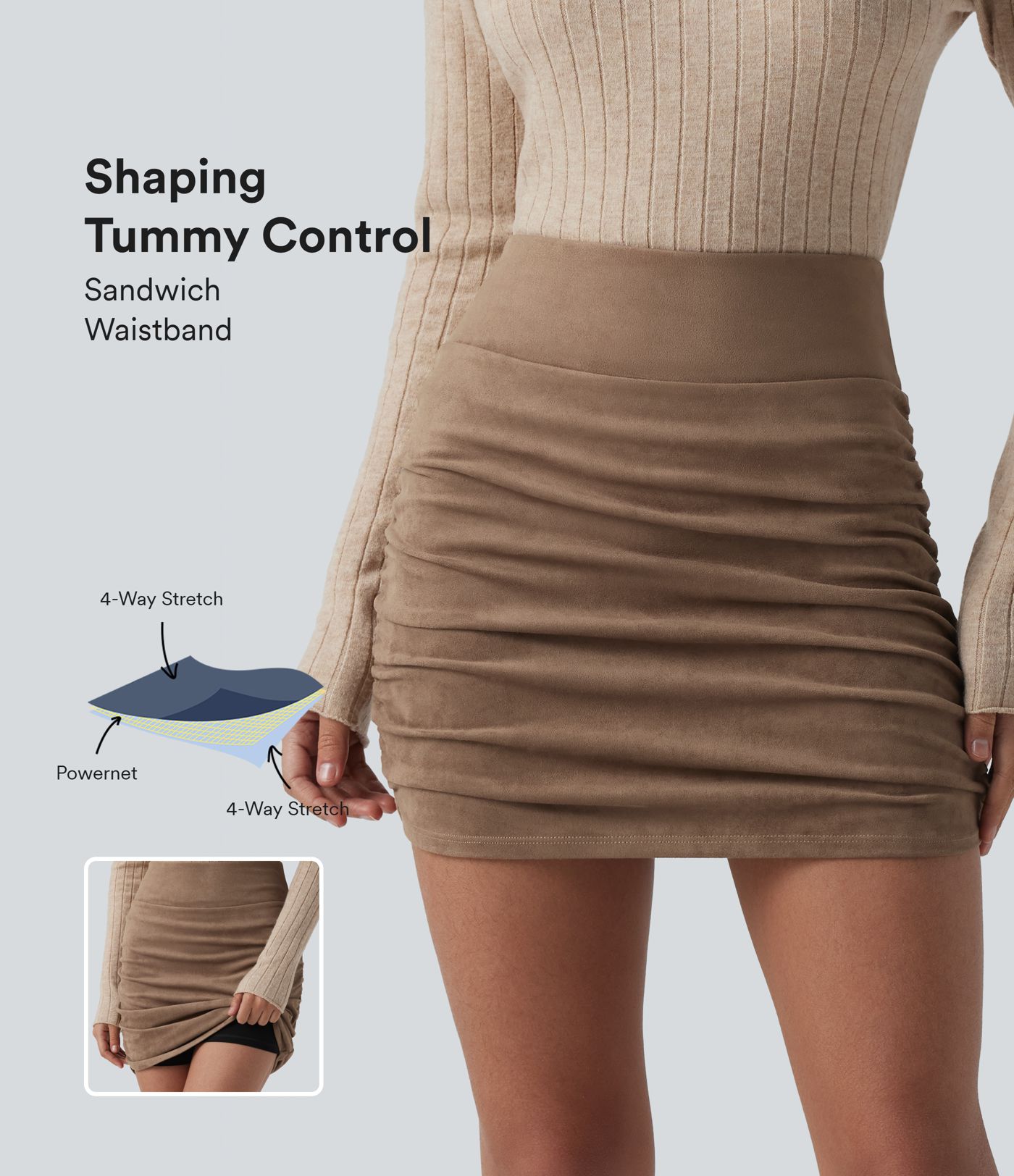 High Waisted Tummy Control Ruched Curved Hem Bodycon 2-in-1 Suede Mini Skirt