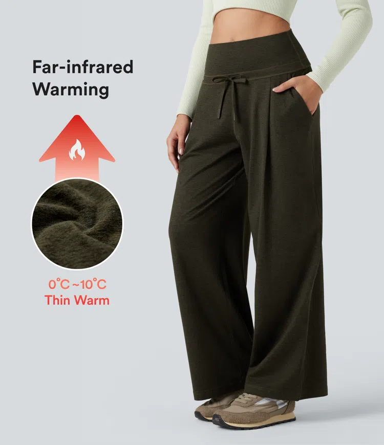 Shadow Moss Casual heathered pants with a high fold-over waistband, side pockets, a drawstring and a wide leg — quick-drying, UPF 40+ and warming. / 1