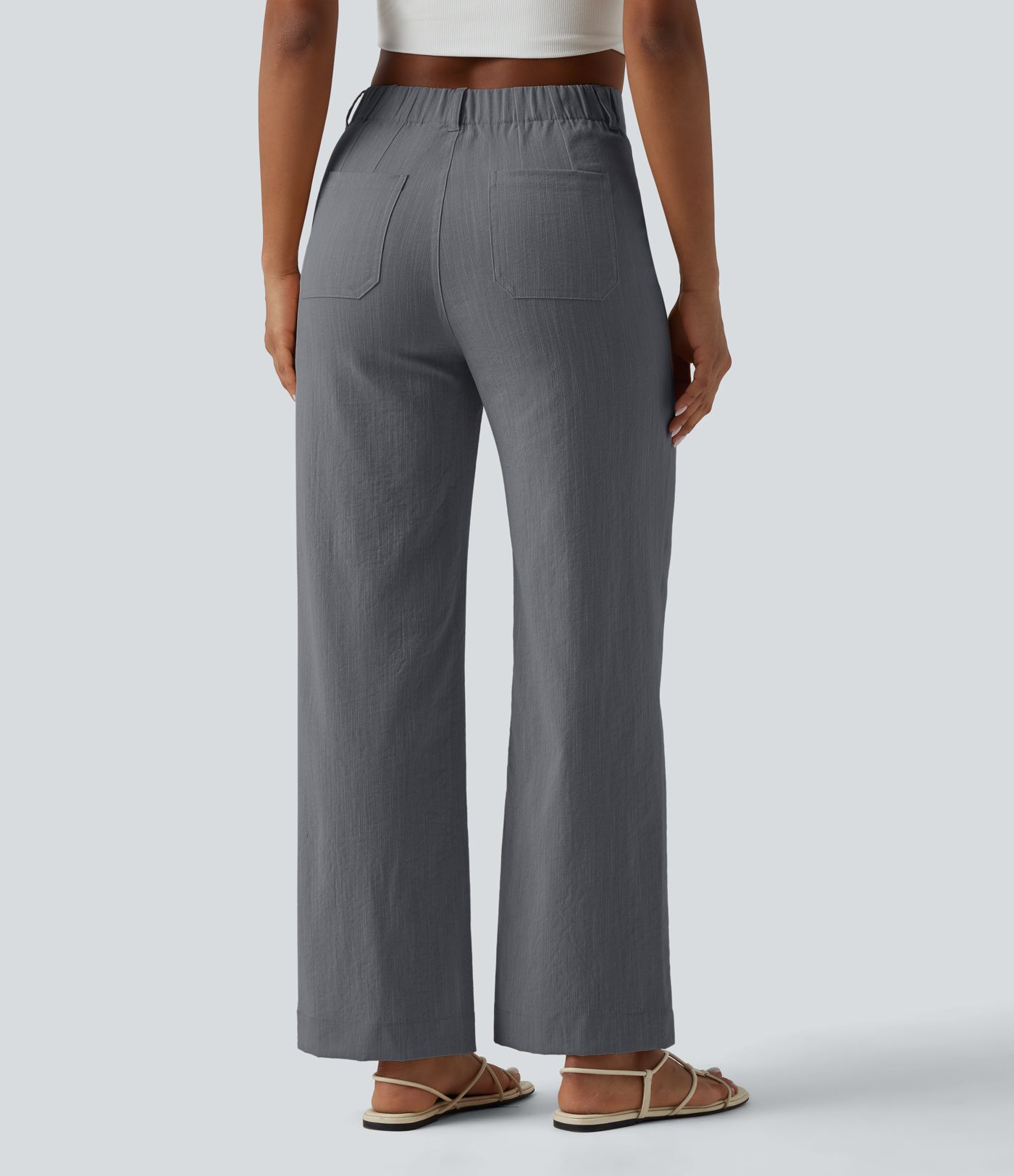 High Waisted Straight Leg Casual Linen-Feel Pants with Pockets