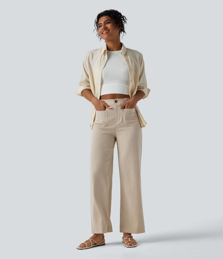 High Waisted Straight Leg Casual Linen-Feel Pants with Pockets