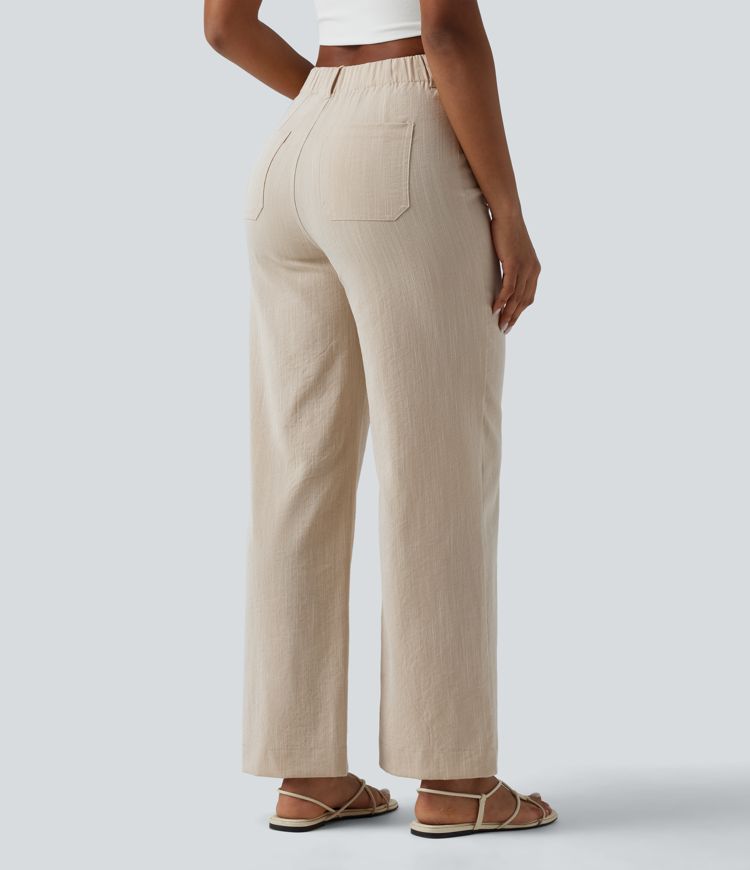 High Waisted Straight Leg Casual Linen-Feel Pants with Pockets