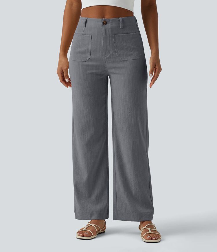 High Waisted Straight Leg Casual Linen-Feel Pants with Pockets