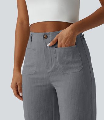High Waisted Straight Leg Casual Linen-Feel Pants with Pockets