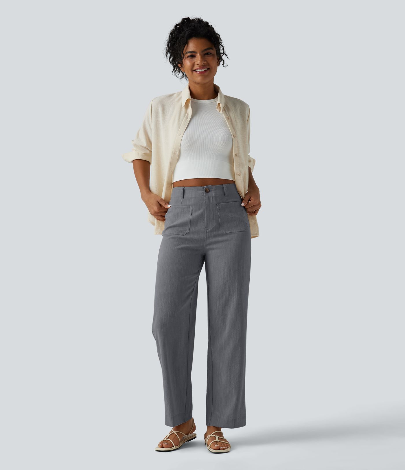 High Waisted Straight Leg Casual Linen-Feel Pants with Pockets