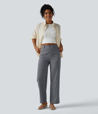 High Waisted Straight Leg Casual Linen-Feel Pants with Pockets