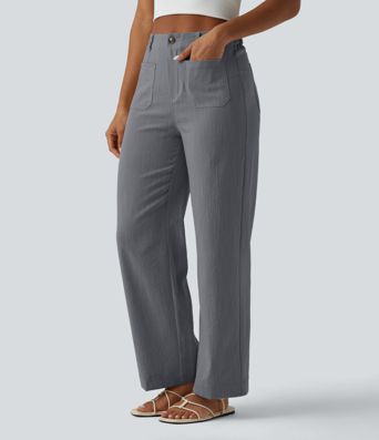 High Waisted Straight Leg Casual Linen-Feel Pants with Pockets