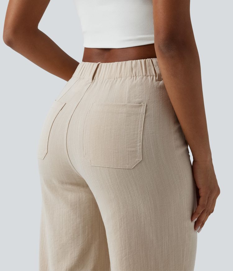 High Waisted Straight Leg Casual Linen-Feel Pants with Pockets