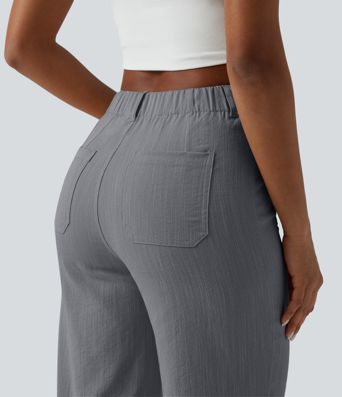 High Waisted Straight Leg Casual Linen-Feel Pants with Pockets