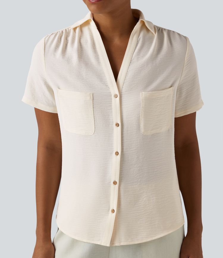 Collar Ruched Short Sleeve Curved Hem Linen-Feel Casual Shirt with Pockets