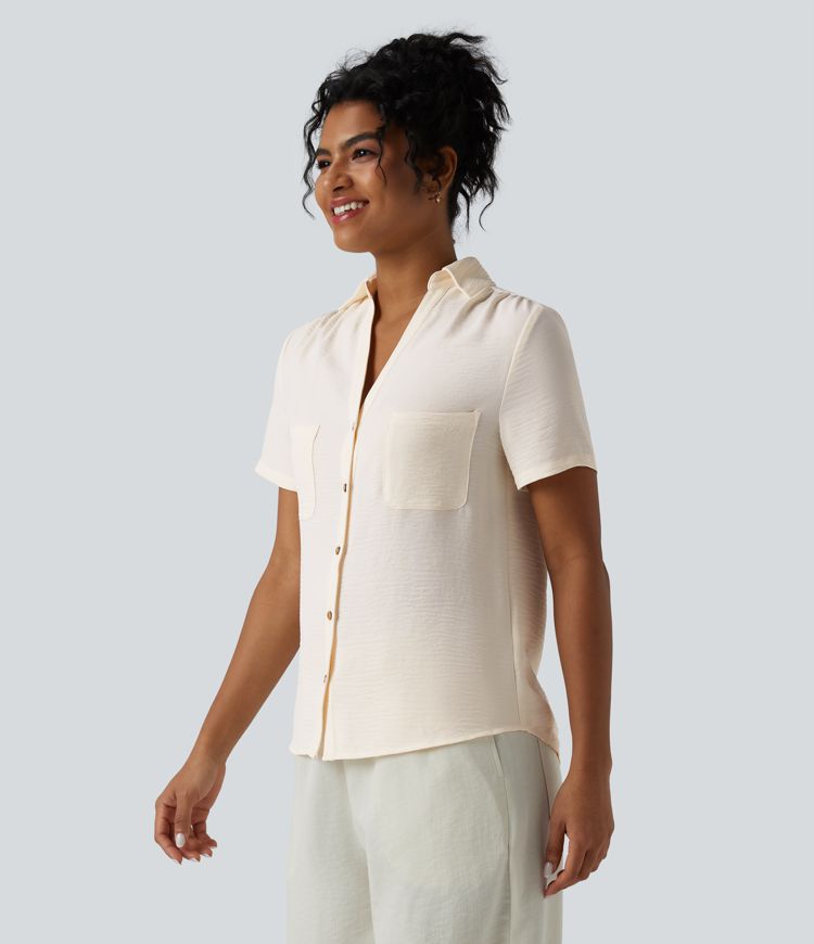 Collar Ruched Short Sleeve Curved Hem Linen-Feel Casual Shirt with Pockets