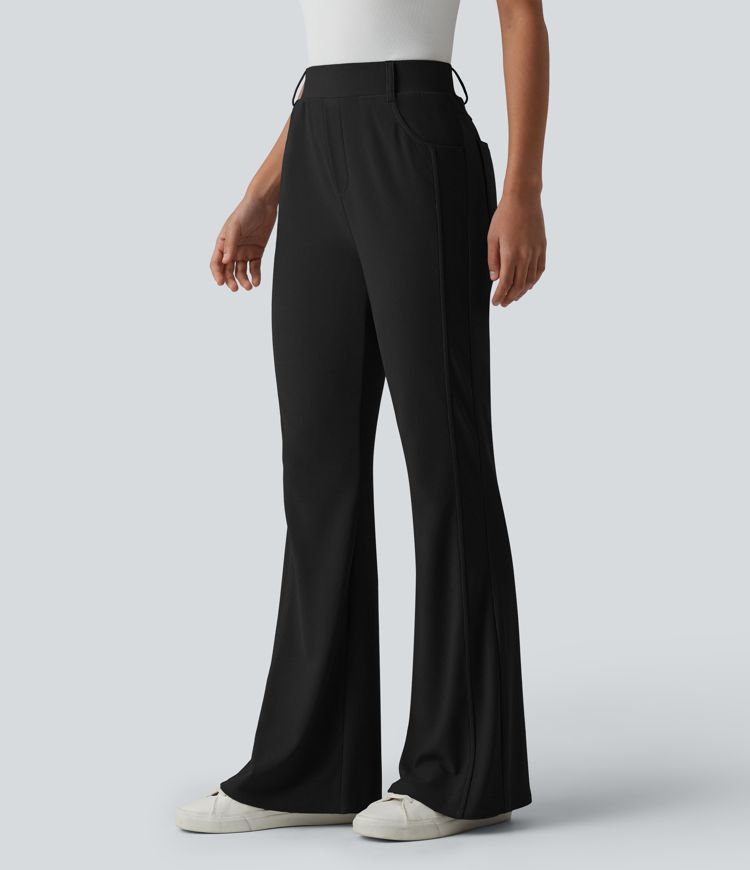 High Waisted Micro Waffle Casual Bootcut Trousers with Pockets High Waisted Micro Waffle Casual Bootcut Trousers with Pockets