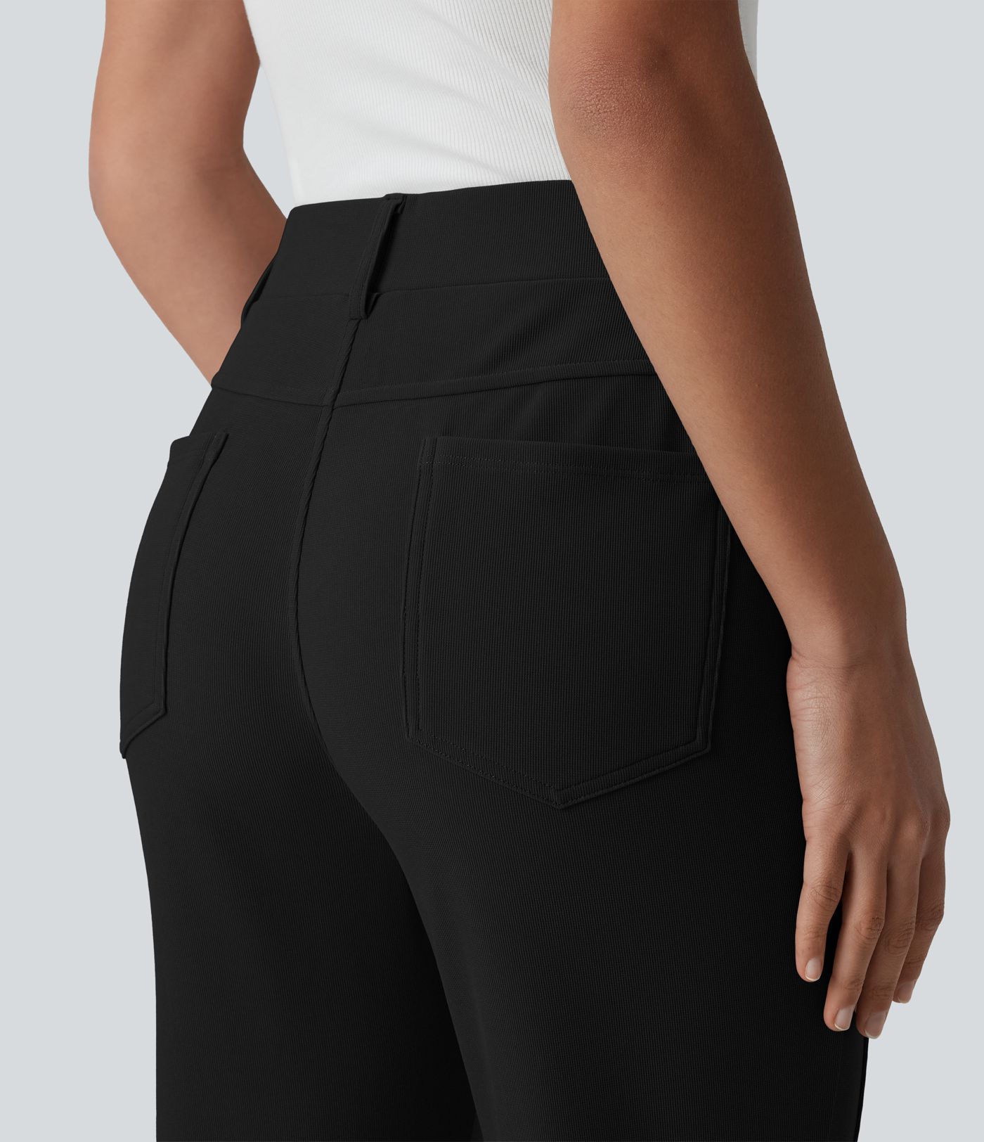 High Waisted Micro Waffle Casual Bootcut Trousers with Pockets High Waisted Micro Waffle Casual Bootcut Trousers with Pockets