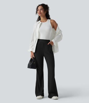 High Waisted Micro Waffle Casual Bootcut Trousers with Pockets High Waisted Micro Waffle Casual Bootcut Trousers with Pockets