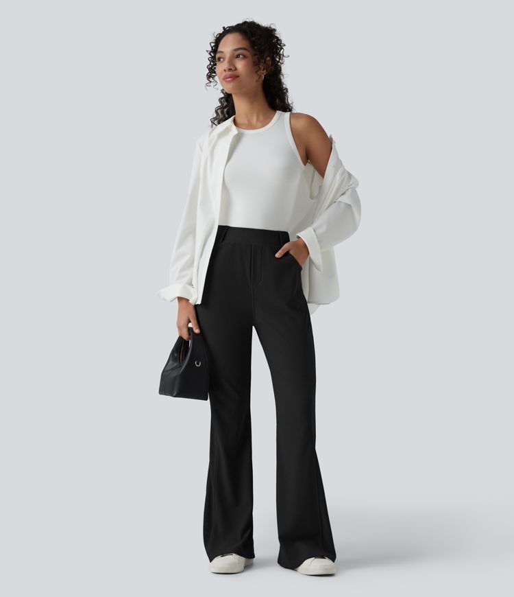 High Waisted Micro Waffle Casual Bootcut Trousers with Pockets High Waisted Micro Waffle Casual Bootcut Trousers with Pockets