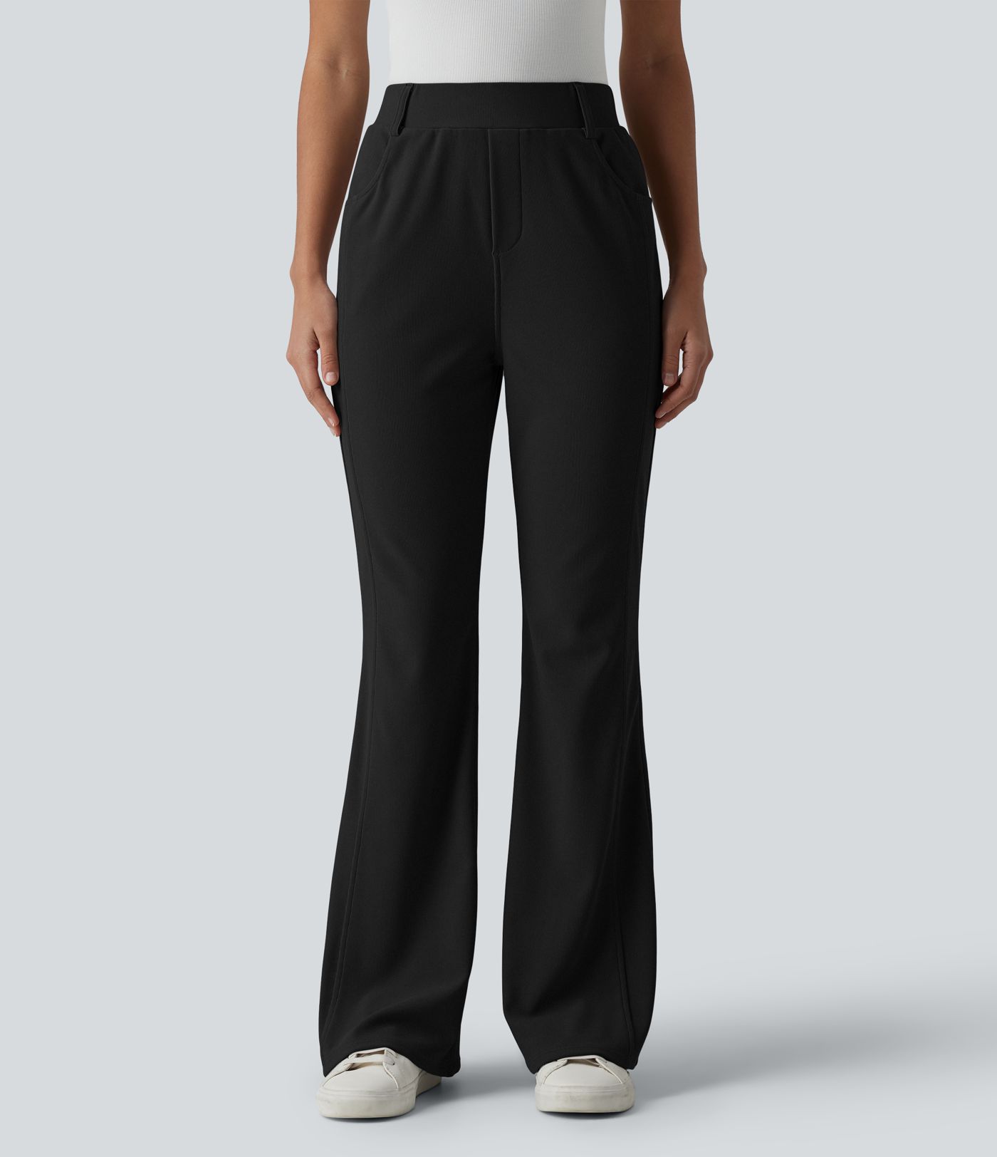 High Waisted Micro Waffle Casual Bootcut Trousers with Pockets High Waisted Micro Waffle Casual Bootcut Trousers with Pockets