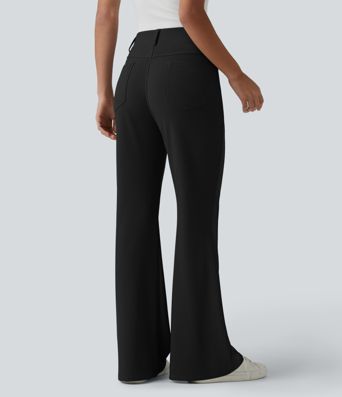 High Waisted Micro Waffle Casual Bootcut Trousers with Pockets High Waisted Micro Waffle Casual Bootcut Trousers with Pockets