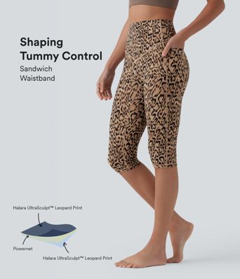 Halara UltraSculpt™ - Pedal-Pusher-Leggings mit hohem Bund, Seitentaschen, Bauchkontrolle und Leopardenmuster