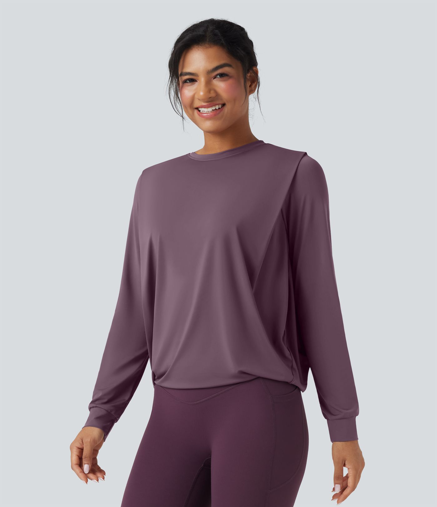 Round Neck Long Sleeve Ruched Yoga Sports Top-UPF50+