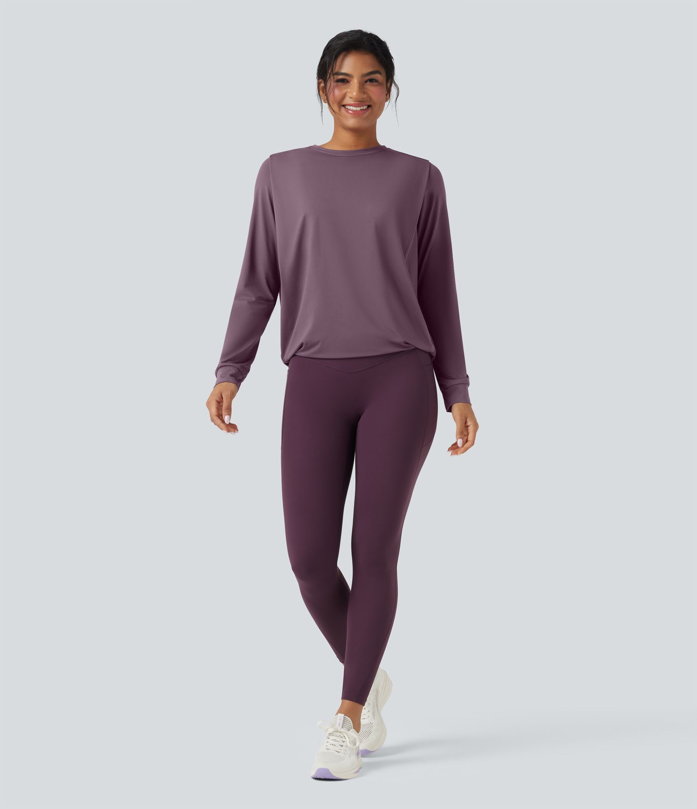 Round Neck Long Sleeve Ruched Yoga Sports Top-UPF50+