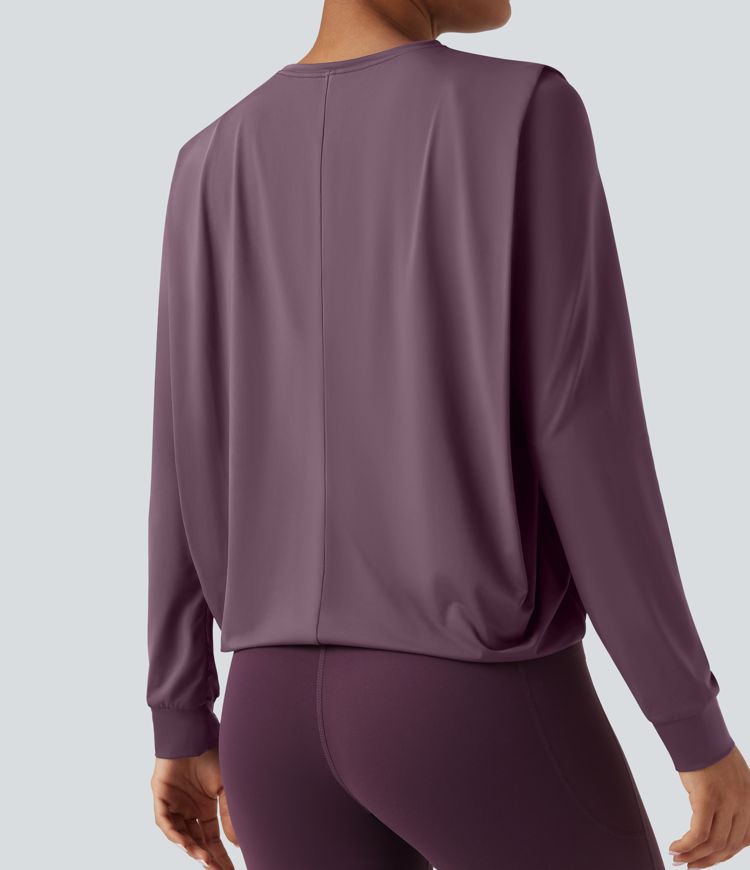 Round Neck Long Sleeve Ruched Yoga Sports Top-UPF50+