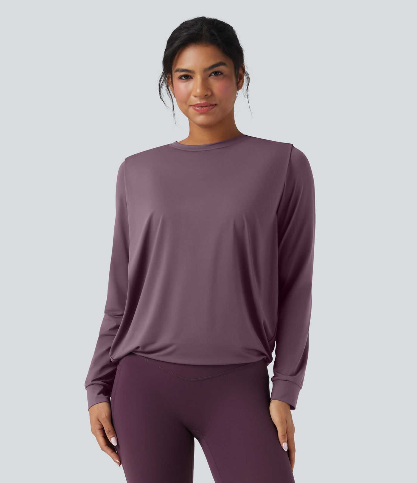 Round Neck Long Sleeve Ruched Yoga Sports Top-UPF50+