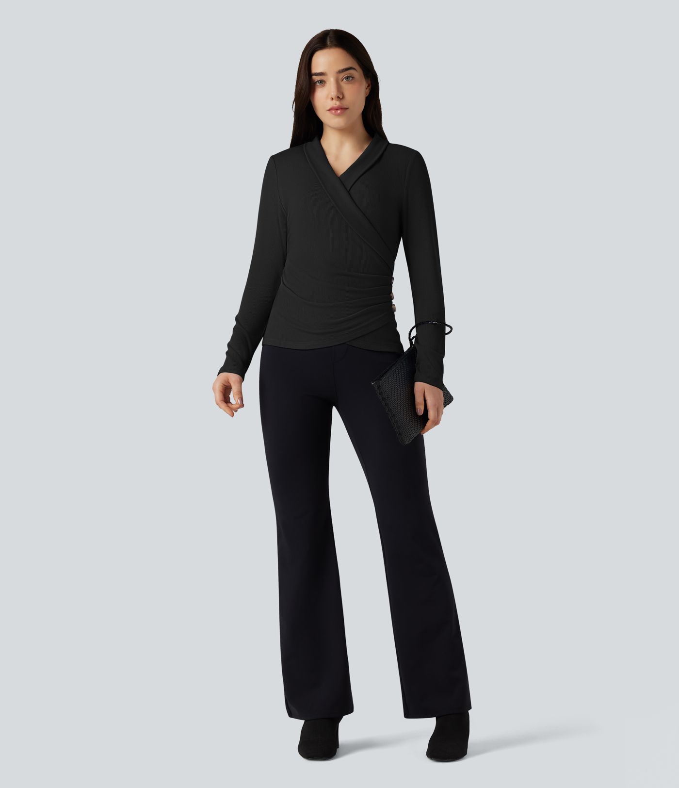 Ribbed Knit V-neck Crossover Long Sleeve Work Top