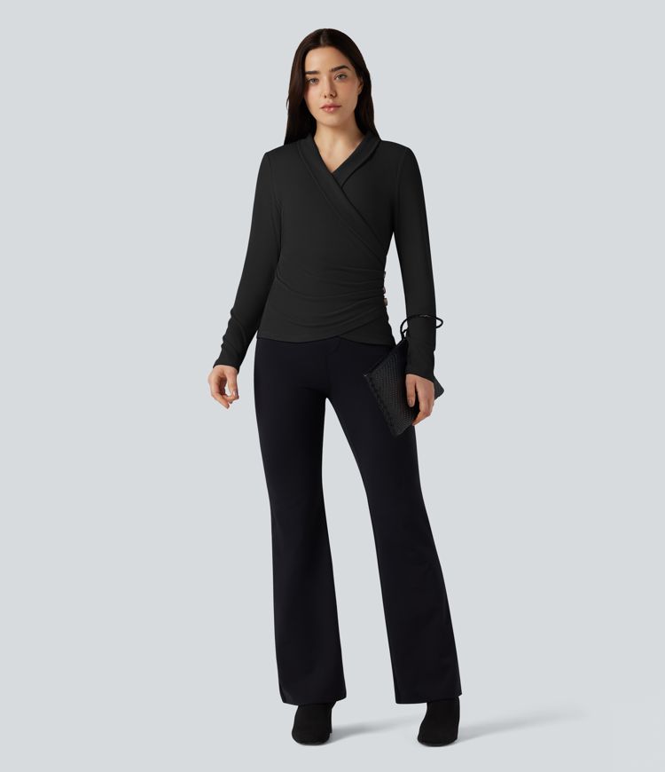 Ribbed Knit V-neck Crossover Long Sleeve Work Top