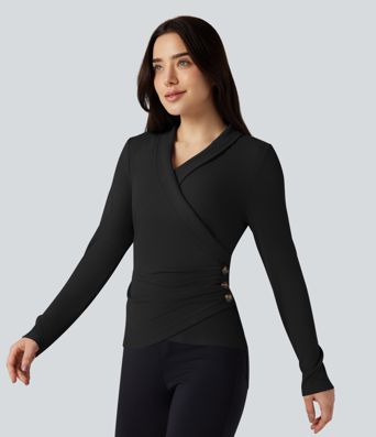 Ribbed Knit V-neck Crossover Long Sleeve Work Top