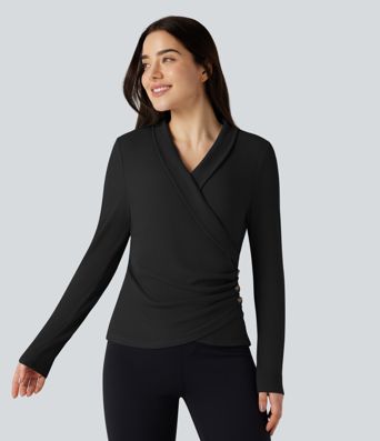 Ribbed Knit V-neck Crossover Long Sleeve Work Top